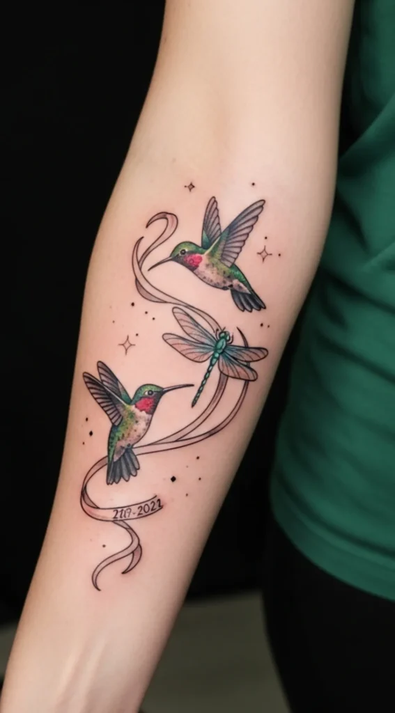 Dragonfly and Hummingbird with Flowing Ribbon Trail
