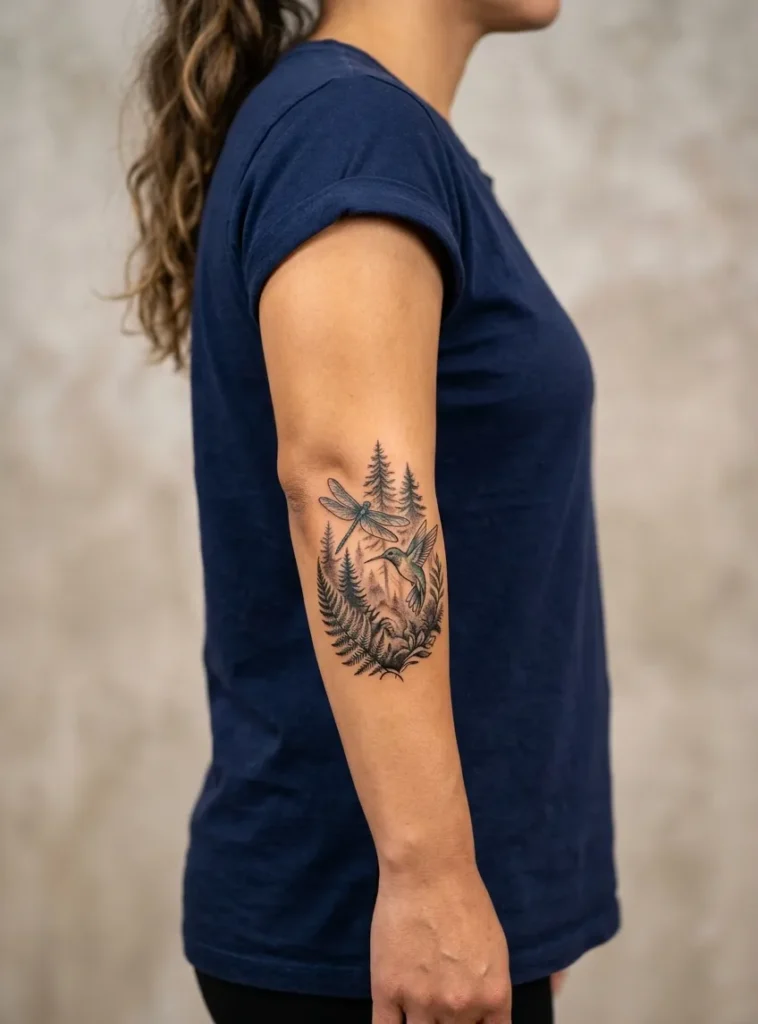 Dragonfly and Hummingbird with Forest Theme