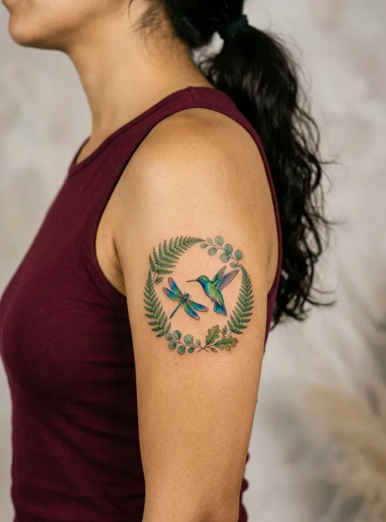 Dragonfly and Hummingbird with Leaf Circle Frame