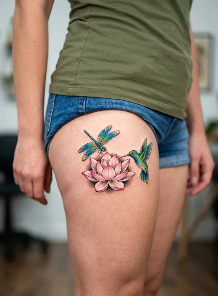 Dragonfly and Hummingbird with Lotus Flower