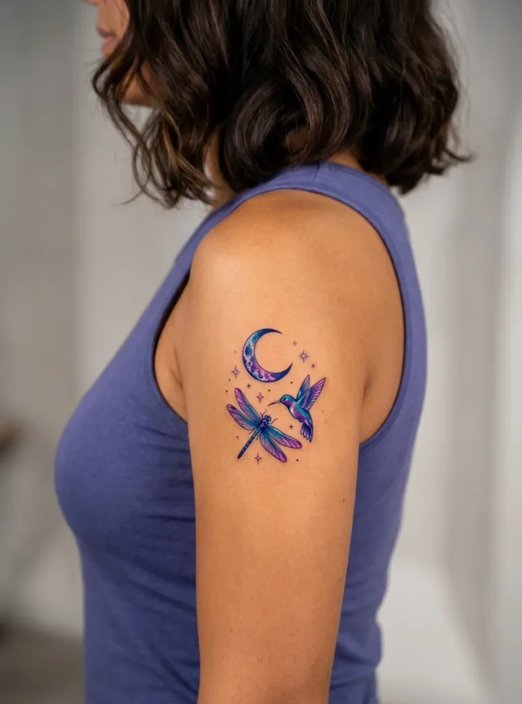 Dragonfly and Hummingbird with Moon and Stars