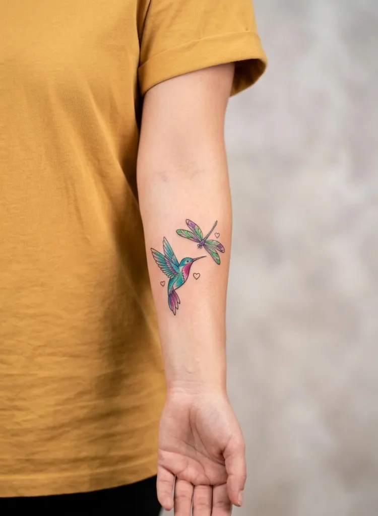 Dragonfly and Hummingbird with Tiny Heart Accents