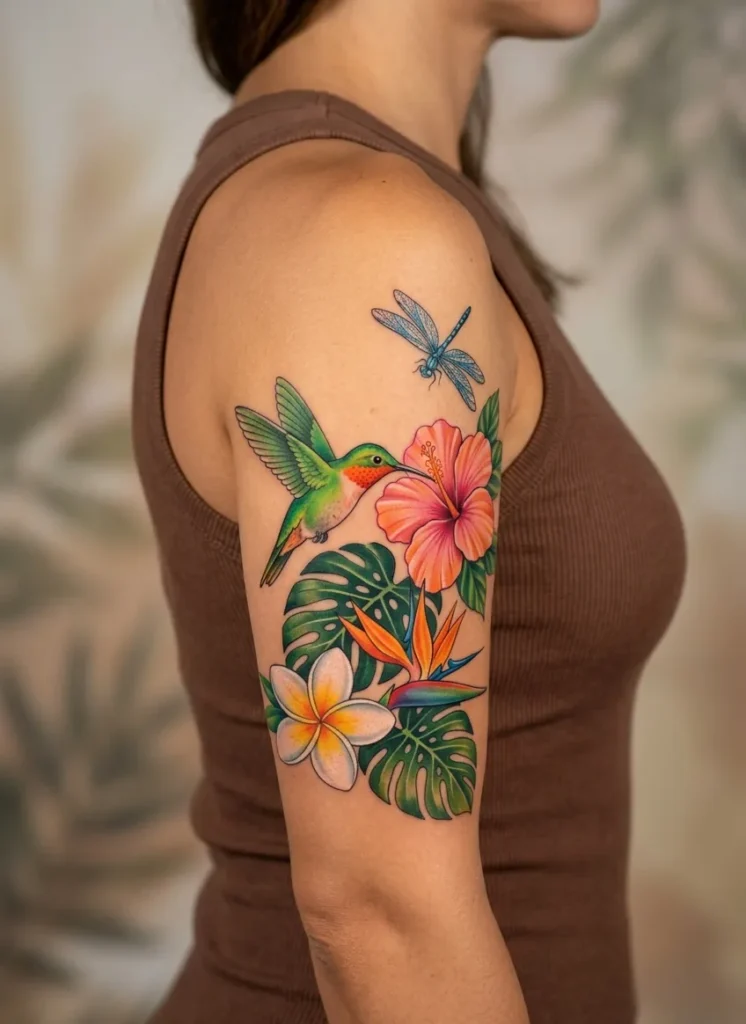 Dragonfly and Hummingbird with Tropical Flowers
