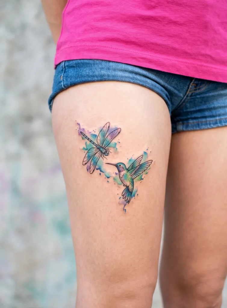 Dragonfly and Hummingbird with Watercolor Effect