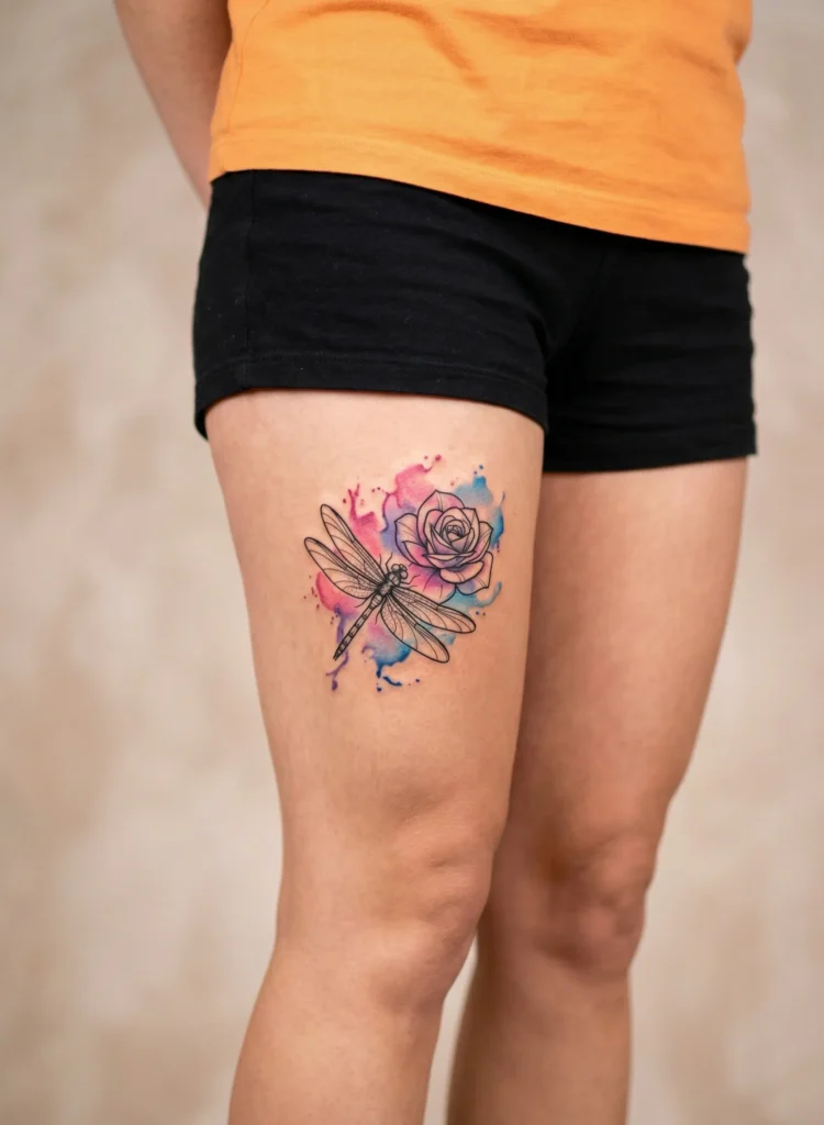 Dragonfly and Rose with Watercolor Effect