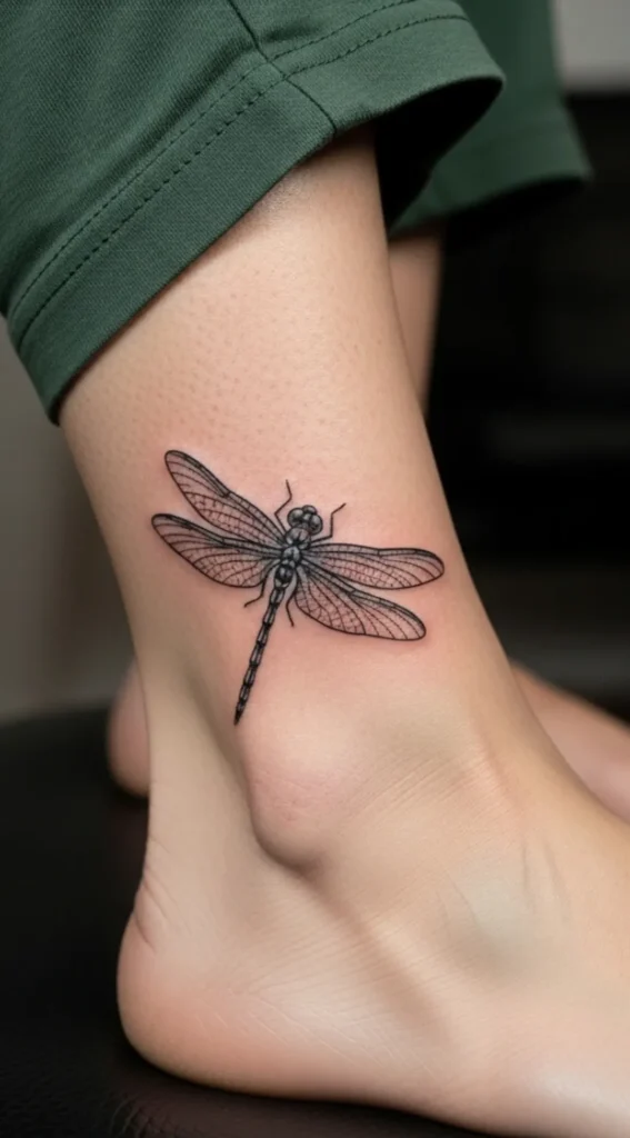 Dragonfly on Ankle with Fine Line Detail