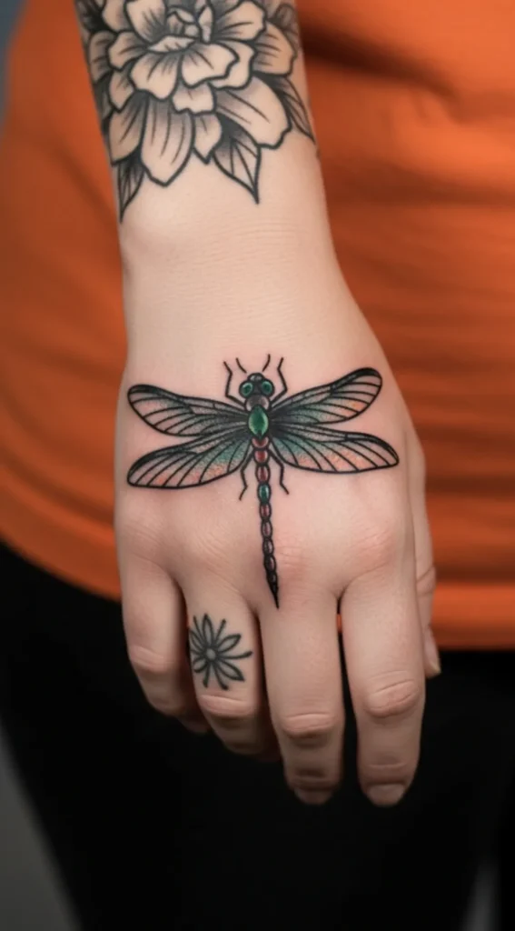Dragonfly on Hand with Classic Blackwork