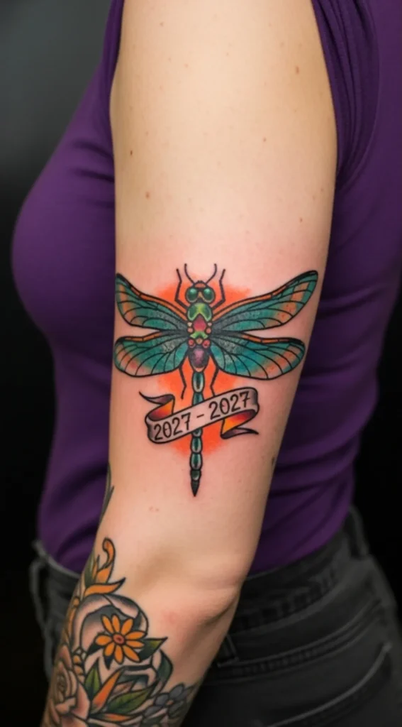 Dragonfly with Banner Accent in Traditional Tattoo Style