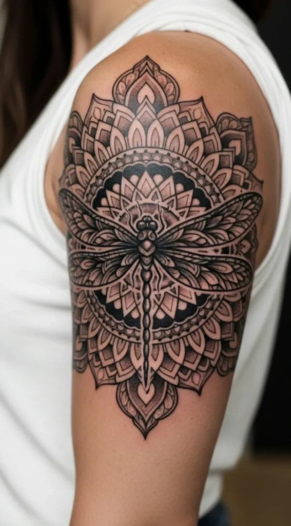 Dragonfly with Black and Grey Mandala Wings