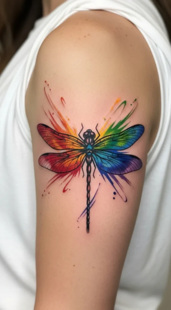 Dragonfly with Bold Ink Brush Rainbow Strokes