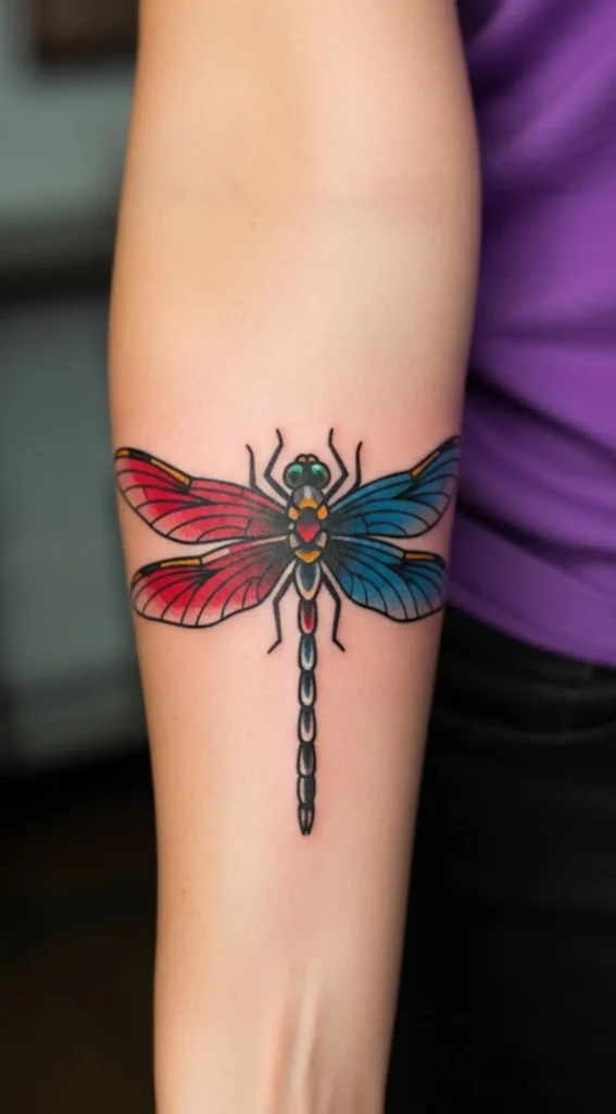 Dragonfly with Bold Red and Blue Wings