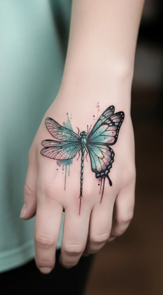 Dragonfly with Butterfly Hybrid on Hand