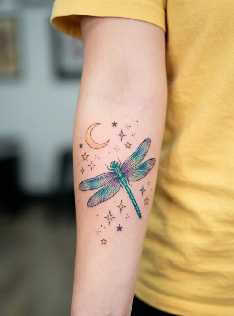 Dragonfly with Crescent Moon and Stars
