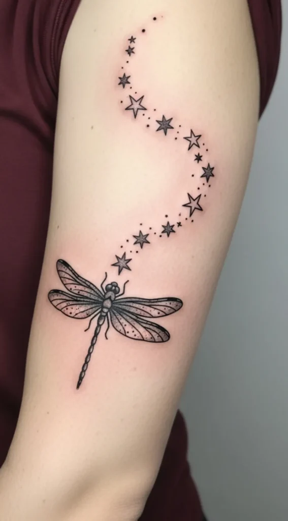 Dragonfly with Curved Star Path Around Body
