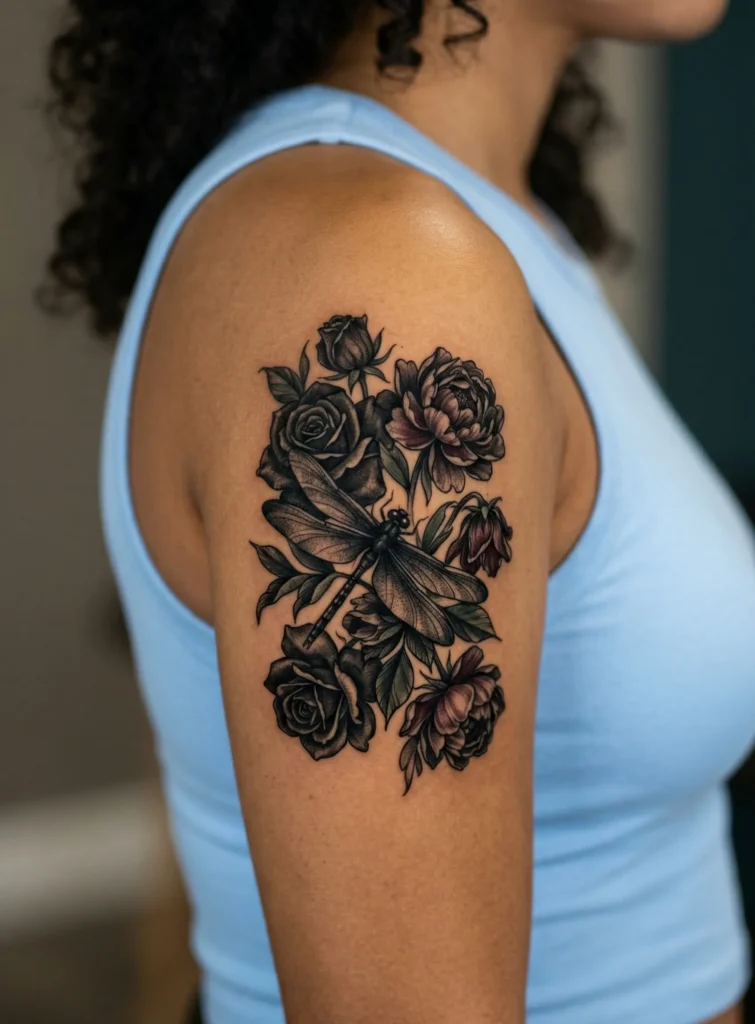 Dragonfly with Dark Floral Accents