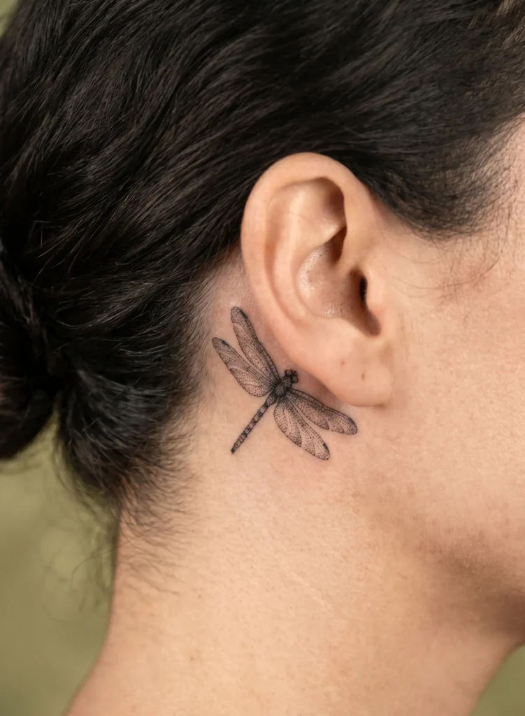 Dragonfly with Dotwork Detail Behind Ear