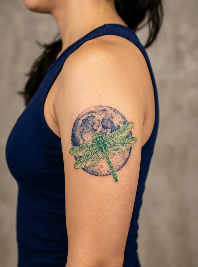 Dragonfly with Dotwork Moon Background