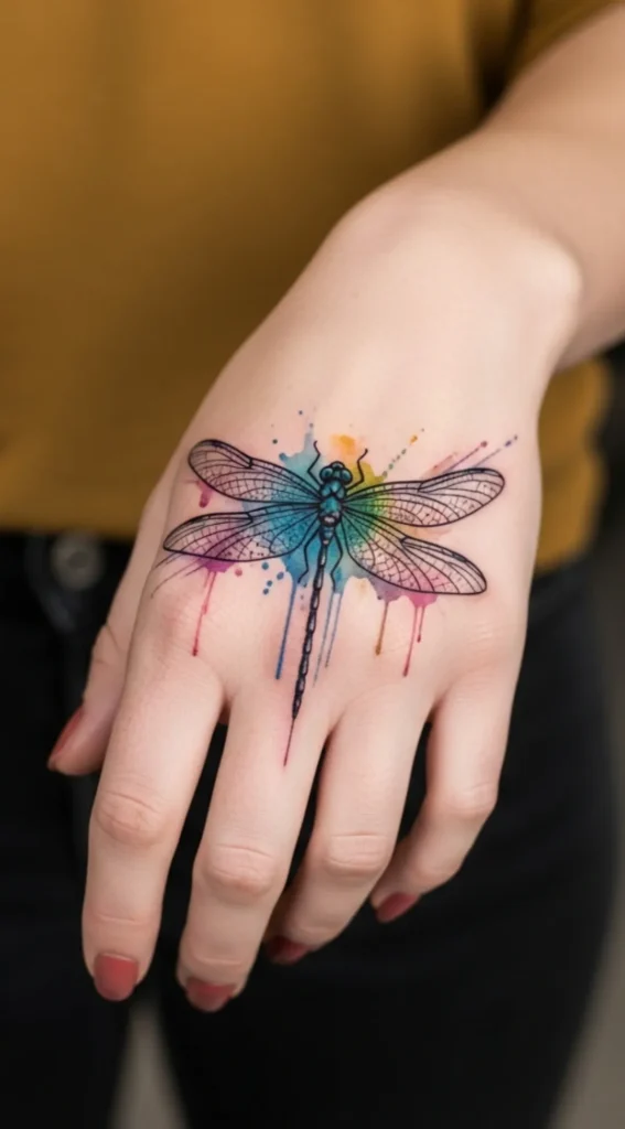 Dragonfly with Elegant Thin Line Wings on Hand