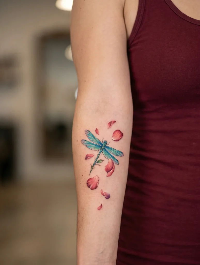 Dragonfly with Falling Rose Petals