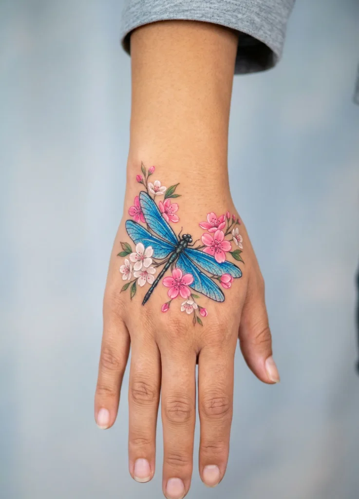 Dragonfly with Floral Detail on Hand