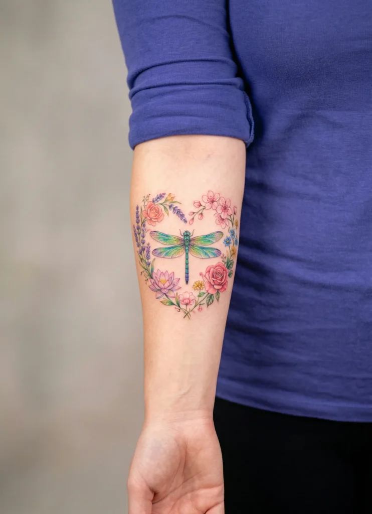 Dragonfly with Floral Heart Wreath
