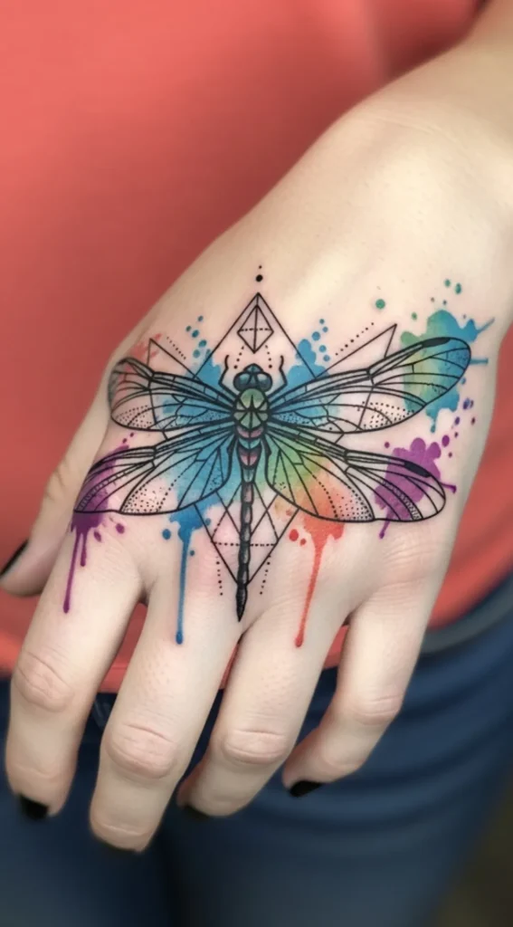 Dragonfly with Geometric Wings on Hand