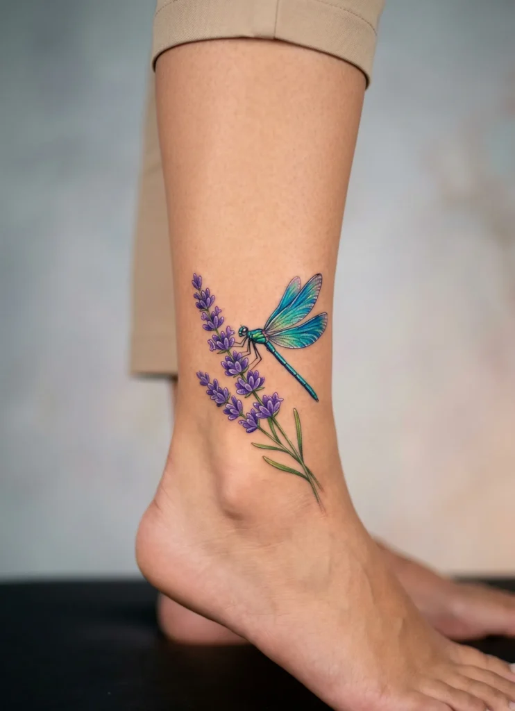 Dragonfly with Lavender Sprig Tattoo