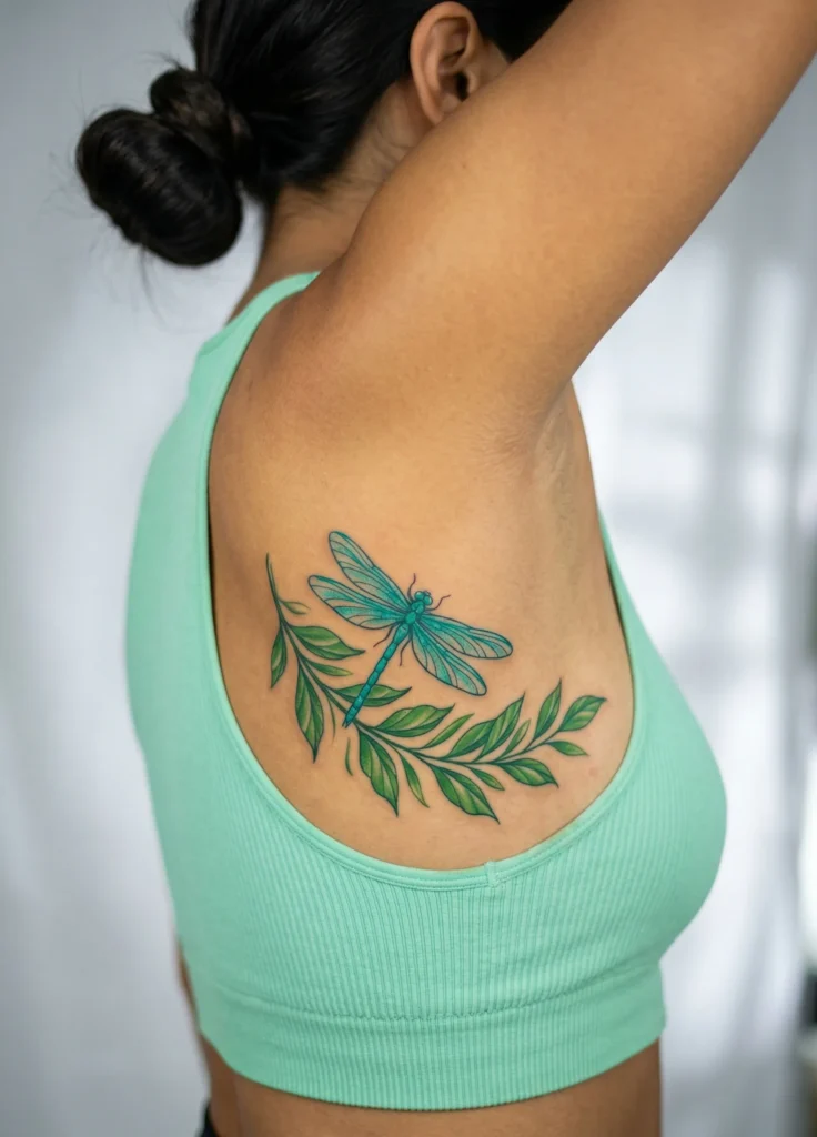 Dragonfly with Leafy Branch Design