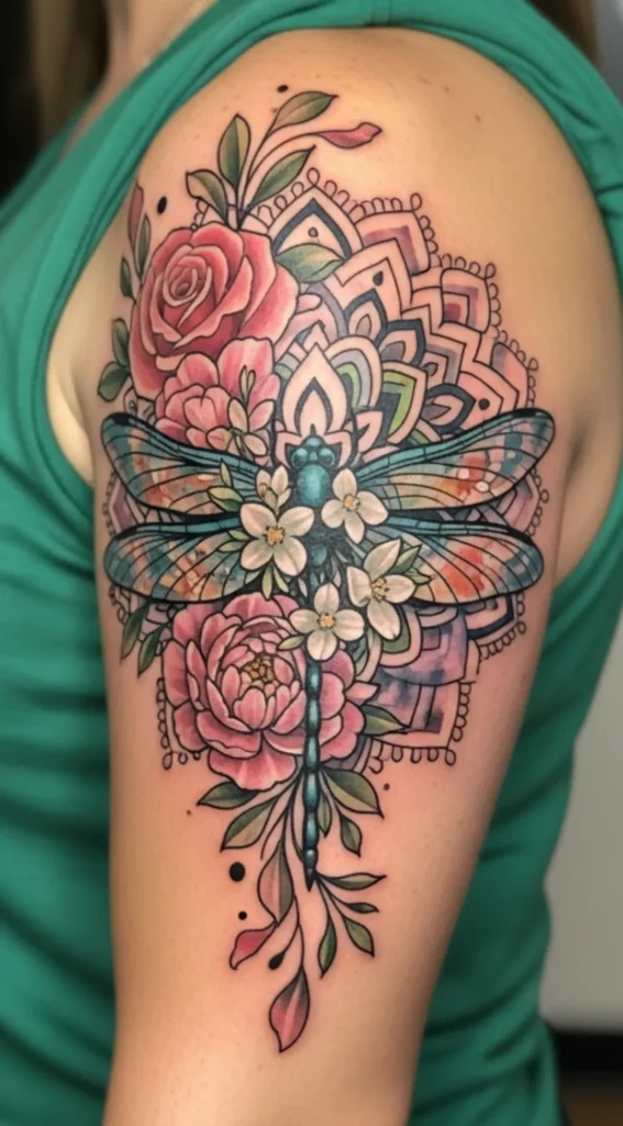 Dragonfly with Mandala and Floral Fusion