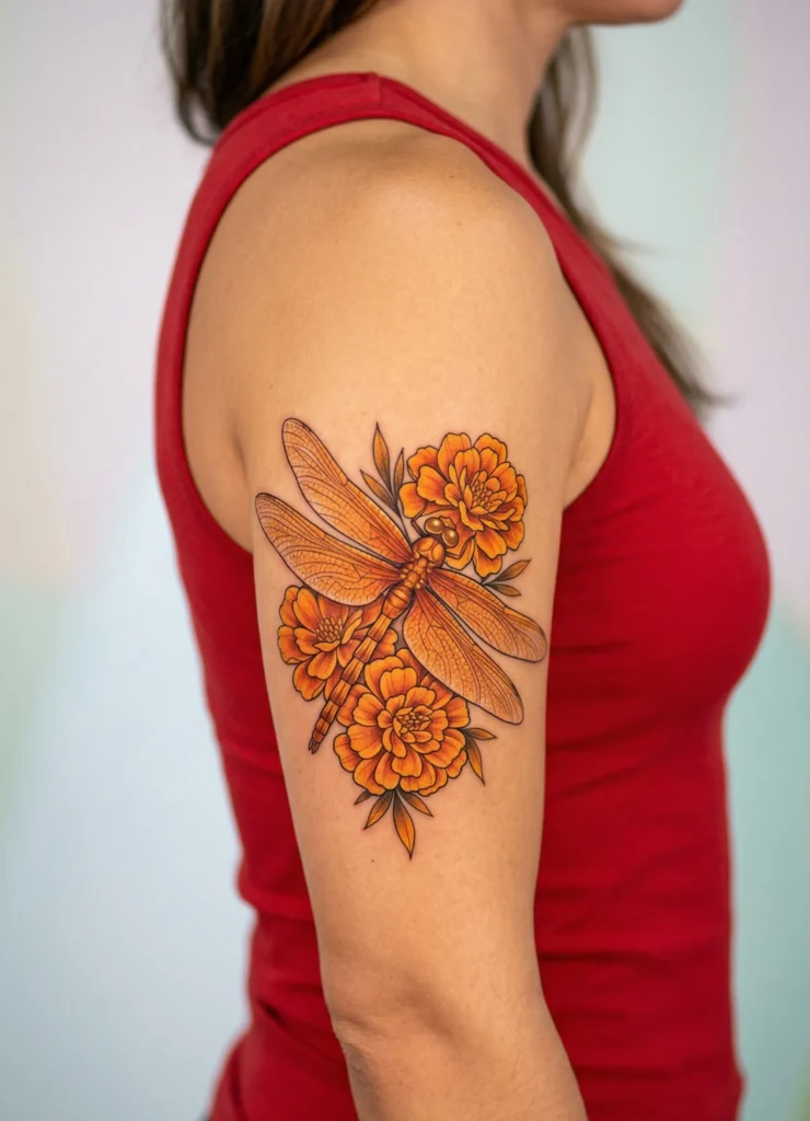 Dragonfly with Marigold Floral Touch