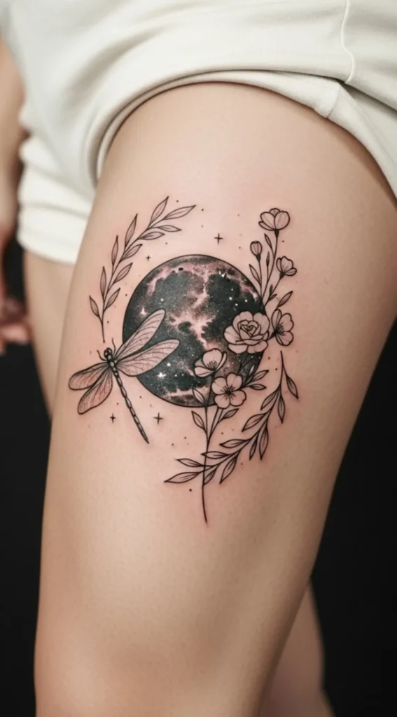 Dragonfly with Moon and Floral Fusion