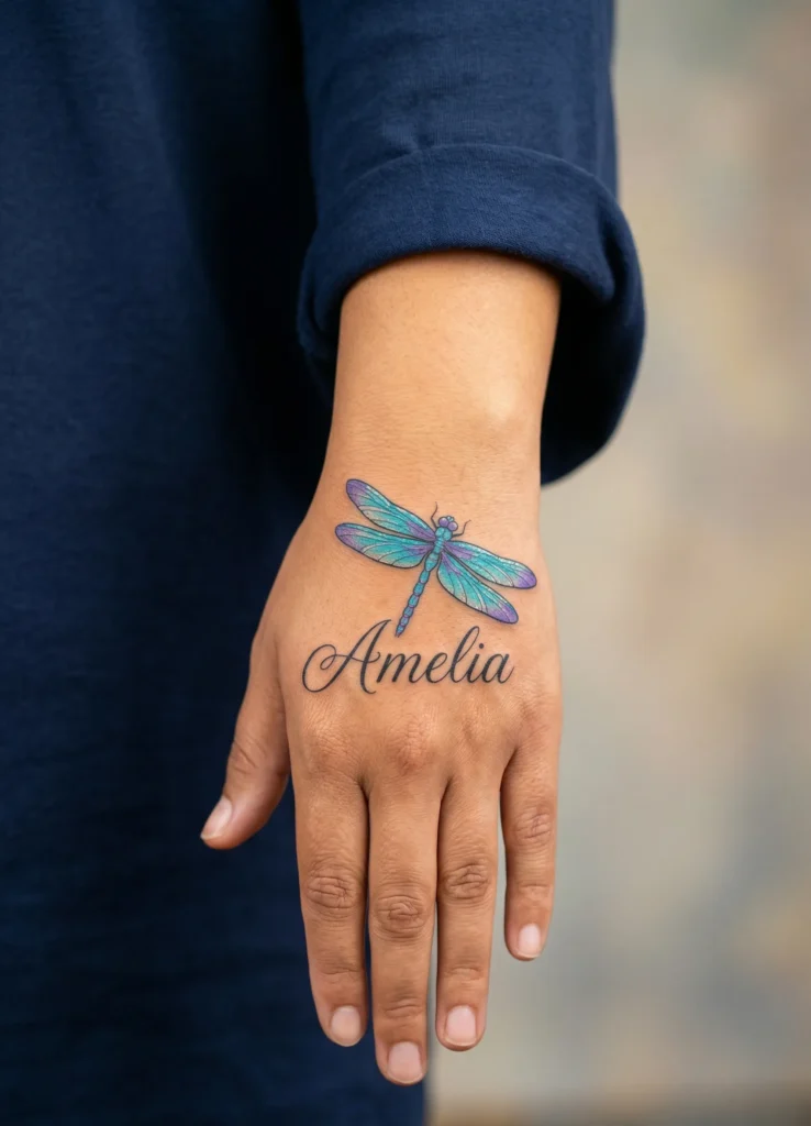 Dragonfly with Name Script on Hand