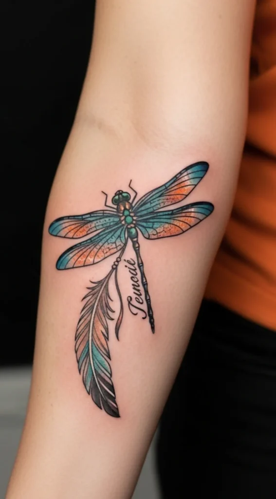 Dragonfly with Name and Feather Accent