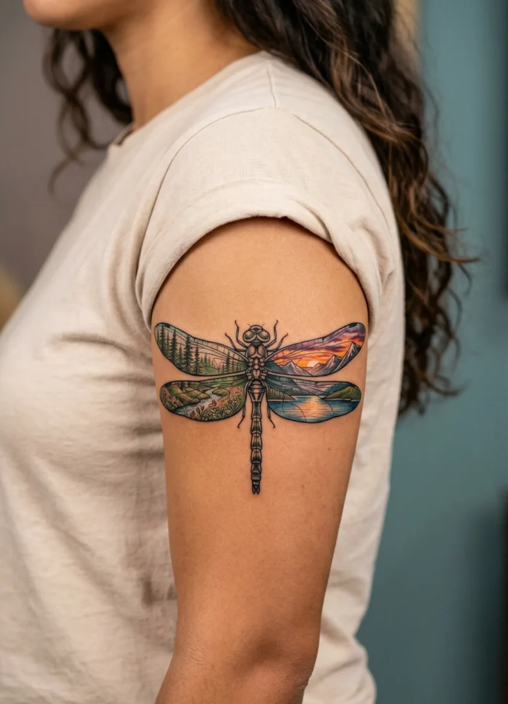 Dragonfly with Nature Scene Inside Wings