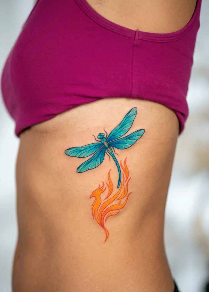 Dragonfly with Phoenix Flames Tattoo