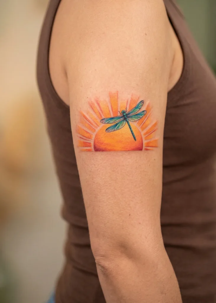 Dragonfly with Rising Sun Background