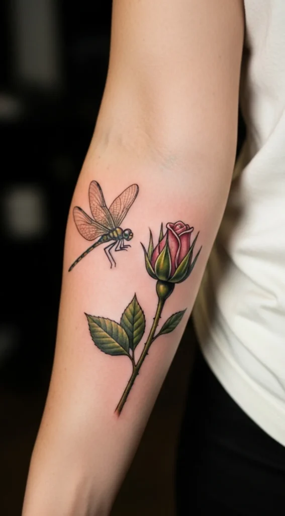 Dragonfly with Rose Bud Detail