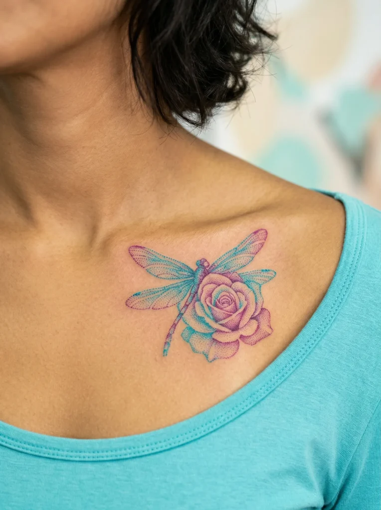 Dragonfly with Rose and Dotwork Style