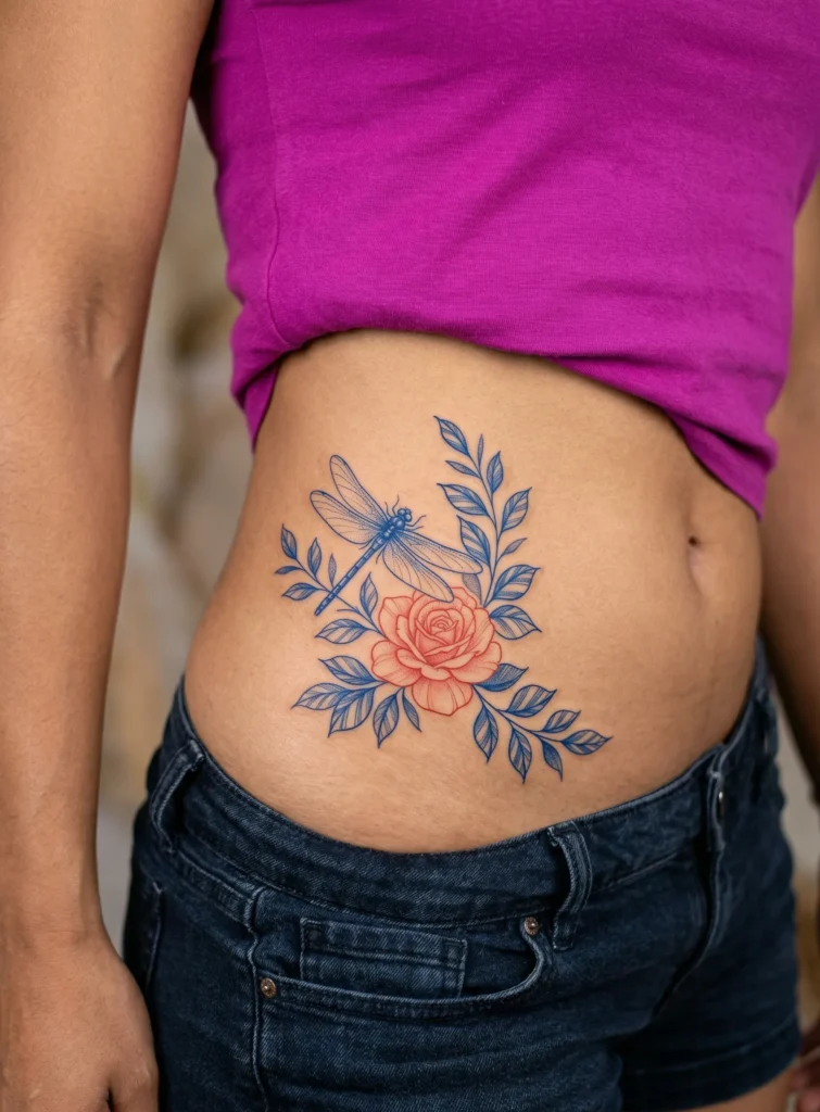 Dragonfly with Rose and Leaf Branch