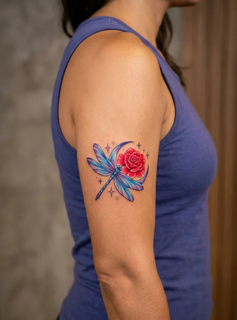 Dragonfly with Rose and Moon Accent
