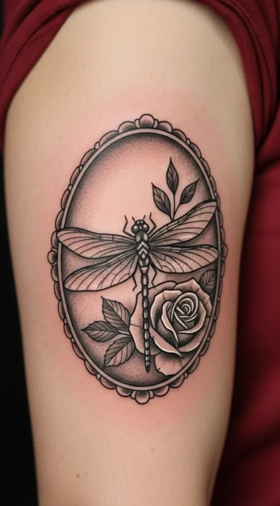 Dragonfly with Rose in Oval Frame