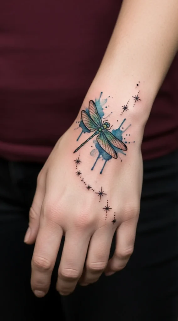 Dragonfly with Sparkle Trail on Hand