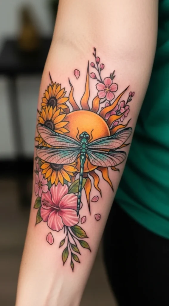 Dragonfly with Sun and Floral Fusion