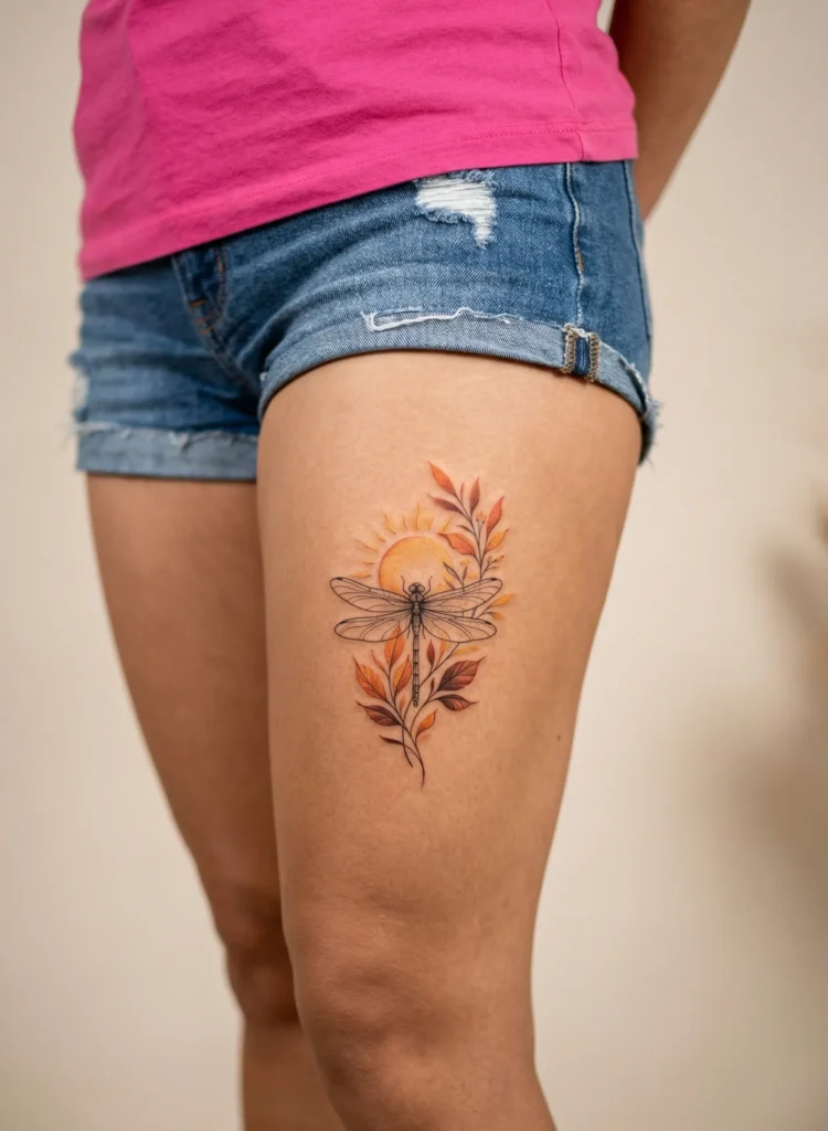 Dragonfly with Sun and Leaf Motif