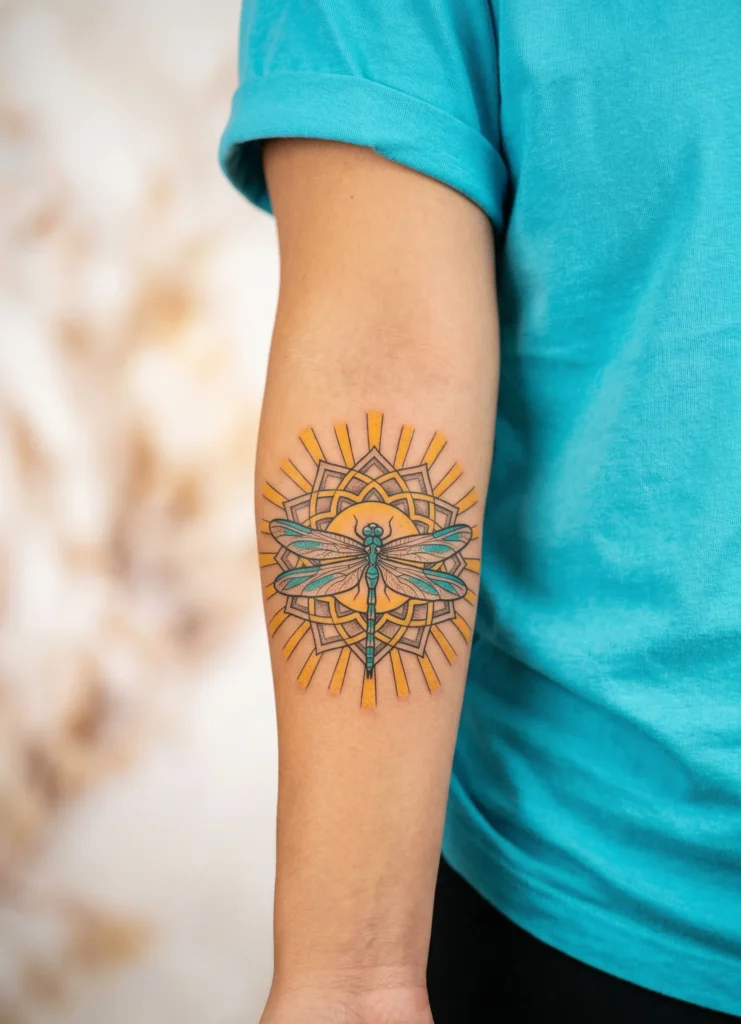 Dragonfly with Sun and Light Rays