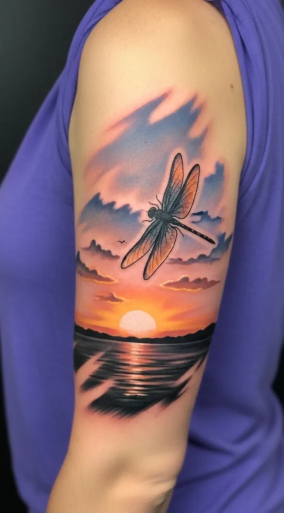 Dragonfly with Sunset Horizon Scene