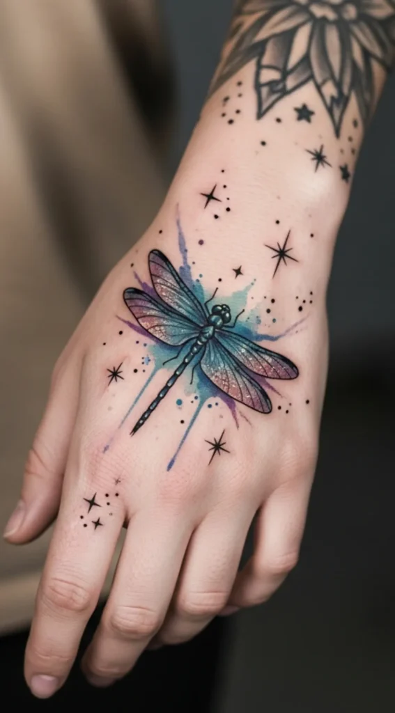 Dragonfly with Tiny Stars Around Hand