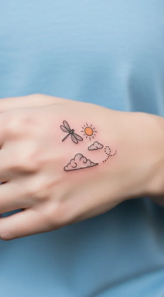 Dragonfly with Tiny Sun and Cloud Detail