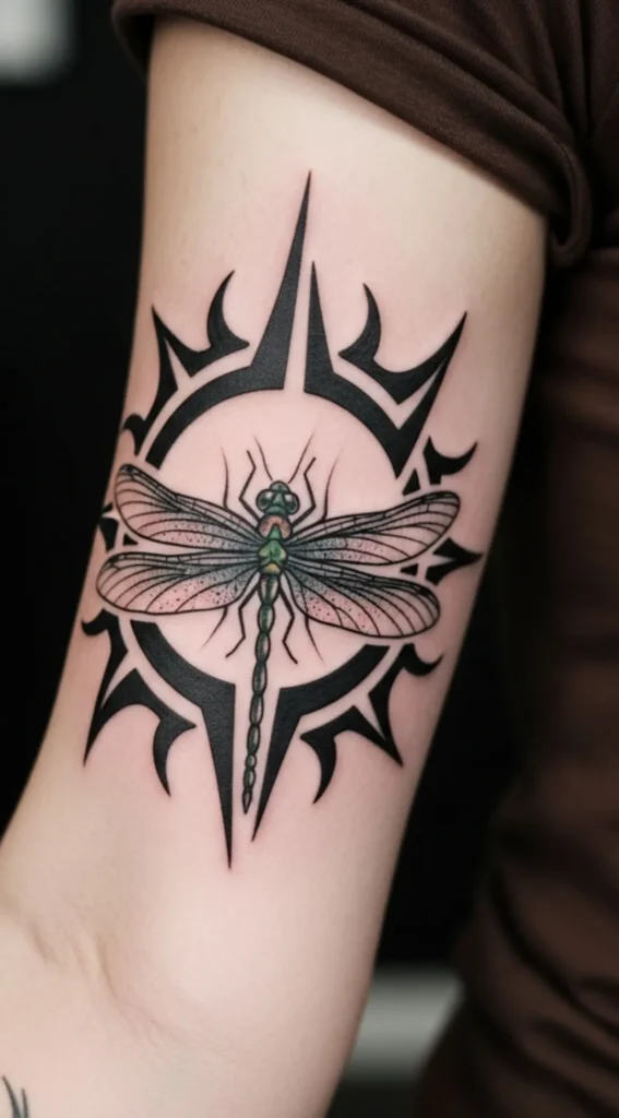 Dragonfly with Tribal Sun Symbol