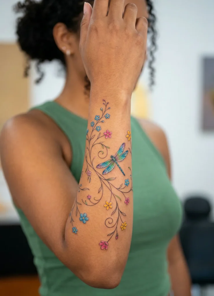 Dragonfly with Vine and Small Flowers